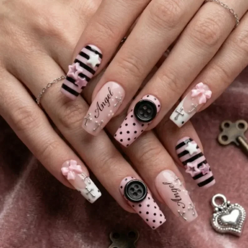 Pink Black Nails, Coquette Lolita, press on nails, custom press on nails, fake nails, Nails Art, stained glass nails, gold press on nails, 3d press on nails, luxury press on nails, handmade press on nails