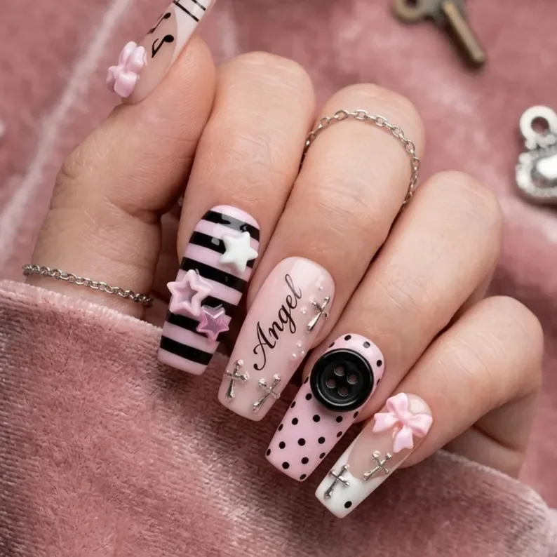 Lolita Nail Art, Y2K Nail Design, press on nails, custom press on nails, fake nails, Nails Art, stained glass nails, gold press on nails, 3d press on nails, luxury press on nails, handmade press on nails