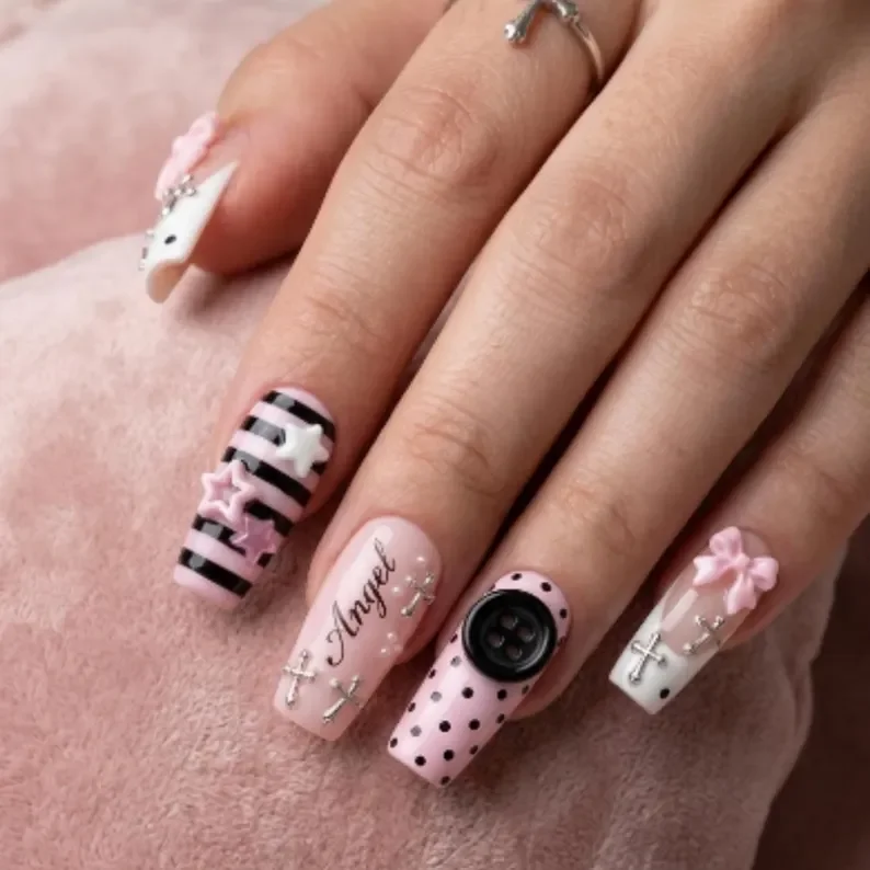 Angel Nail Set, Coquette Nail Art, press on nails, custom press on nails, fake nails, Nails Art, stained glass nails, gold press on nails, 3d press on nails, luxury press on nails, handmade press on nails