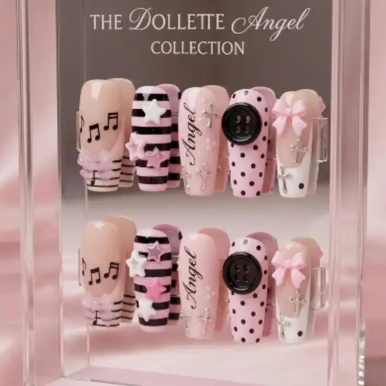 Dollette Angel Y2K, Press On Nails, press on nails, custom press on nails, fake nails, Nails Art, stained glass nails, gold press on nails, 3d press on nails, luxury press on nails, handmade press on nails