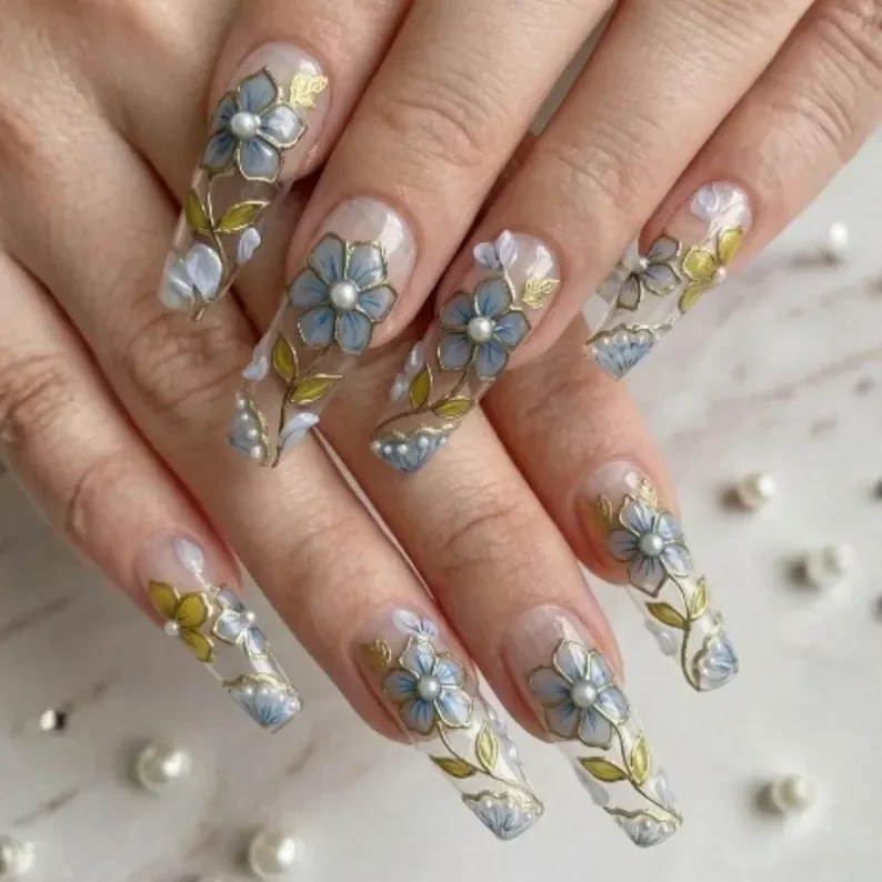 Flora Bridal, 3D Cloisonné, press on nails, custom press on nails, fake nails, Nails Art, stained glass nails, gold press on nails, 3d press on nails, luxury press on nails, handmade press on nails