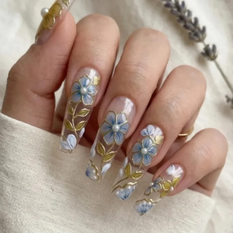 Press On Nails, Blue Gold, press on nails, custom press on nails, fake nails, Nails Art, stained glass nails, gold press on nails, 3d press on nails, luxury press on nails, handmade press on nails