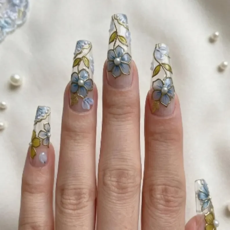 Bridal Nail Set, Cloisonné Nails, press on nails, custom press on nails, fake nails, Nails Art, stained glass nails, gold press on nails, 3d press on nails, luxury press on nails, handmade press on nails