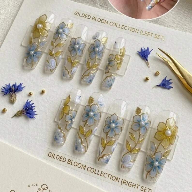 Flora Bridal, 3D Cloisonné, press on nails, custom press on nails, fake nails, Nails Art, stained glass nails, gold press on nails, 3d press on nails, luxury press on nails, handmade press on nails