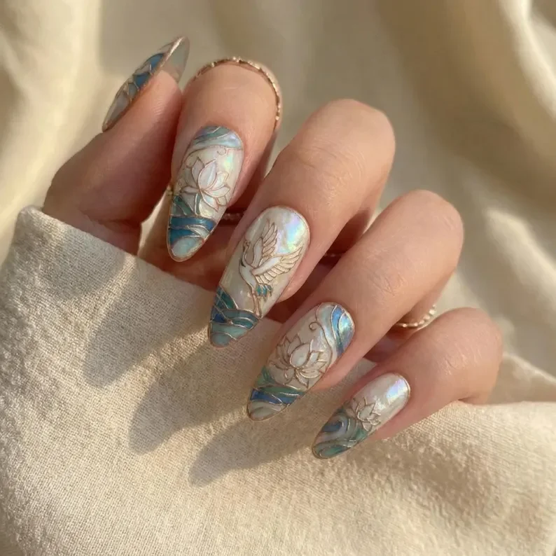 hand-painted lotus, teal waves, press on nails, custom press on nails, fake nails, Nails Art, stained glass nails, gold press on nails, 3d press on nails, luxury press on nails, handmade press on nails