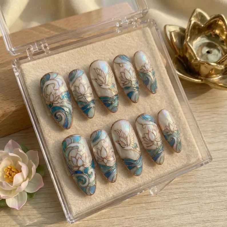 lotus nail art, teal wave nails, press on nails, custom press on nails, fake nails, Nails Art, stained glass nails, gold press on nails, 3d press on nails, luxury press on nails, handmade press on nails