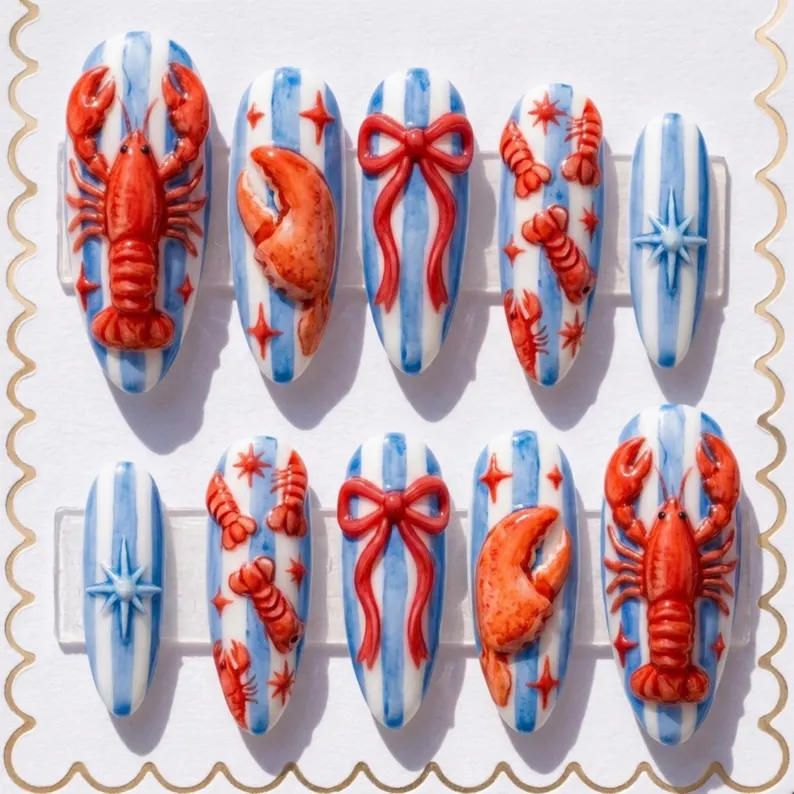 bow press on, nautical summer, press on nails, custom press on nails, fake nails, Nails Art, stained glass nails, gold press on nails, 3d press on nails, luxury press on nails, handmade press on nails