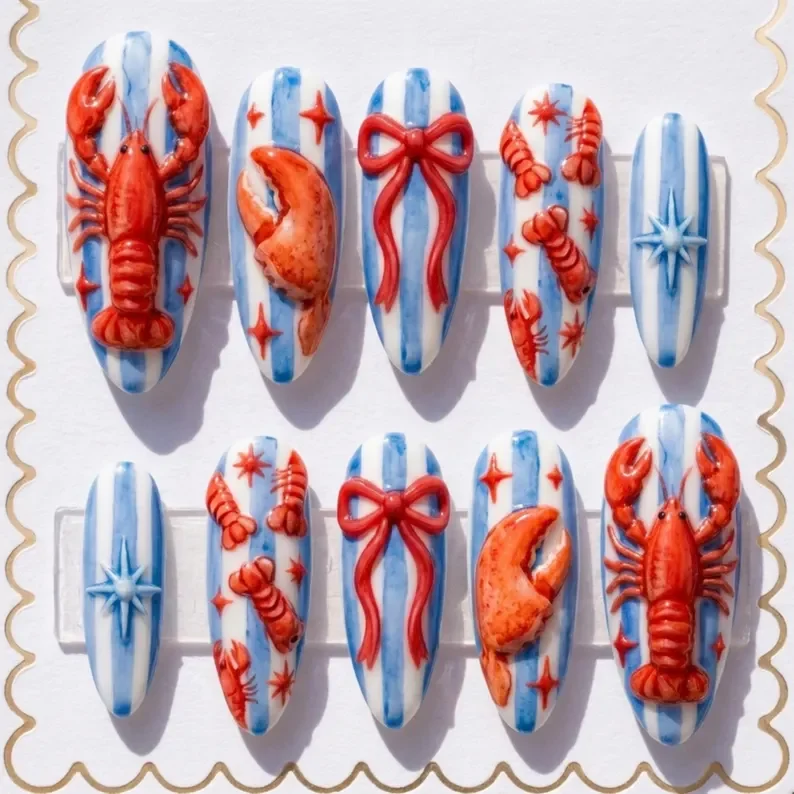 lobster claw nails, hand-painted 3d, press on nails, custom press on nails, fake nails, Nails Art, stained glass nails, gold press on nails, 3d press on nails, luxury press on nails, handmade press on nails