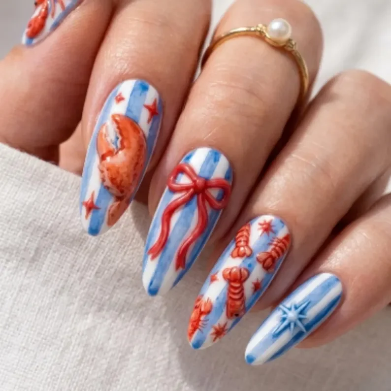 bow press on, nautical summer, press on nails, custom press on nails, fake nails, Nails Art, stained glass nails, gold press on nails, 3d press on nails, luxury press on nails, handmade press on nails
