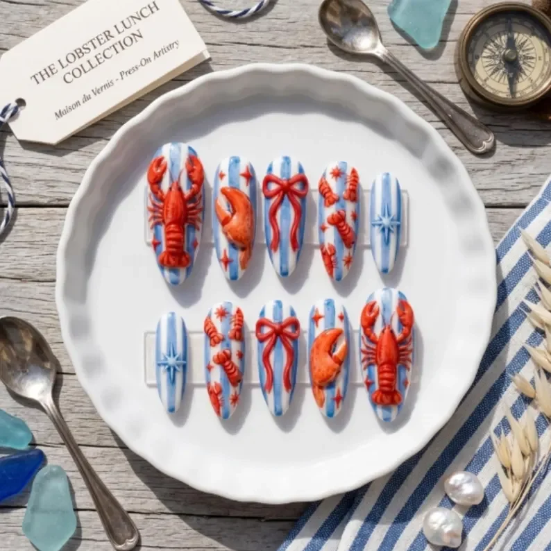lobster claw nails, hand-painted 3d, press on nails, custom press on nails, fake nails, Nails Art, stained glass nails, gold press on nails, 3d press on nails, luxury press on nails, handmade press on nails