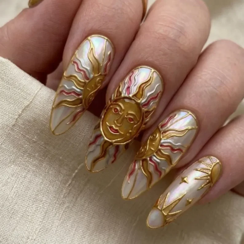 celestial nail art, opal nail design, press on nails, custom press on nails, fake nails, Nails Art, stained glass nails, gold press on nails, 3d press on nails, luxury press on nails, handmade press on nails