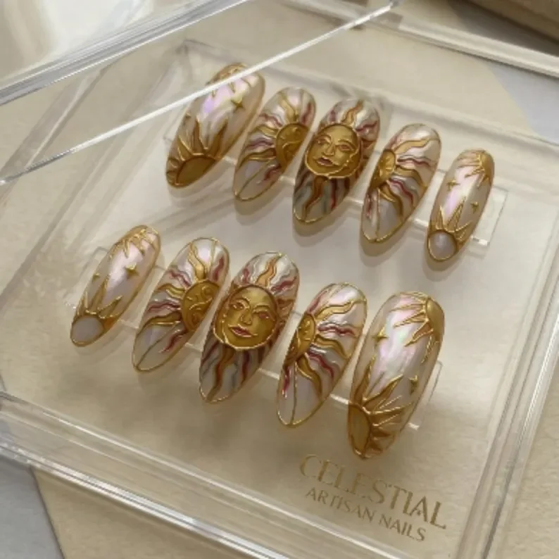 opaline celestials, sun and moon, press on nails, custom press on nails, fake nails, Nails Art, stained glass nails, gold press on nails, 3d press on nails, luxury press on nails, handmade press on nails