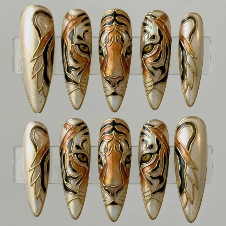 cloisonné nail art, tiger themed nails, press on nails, custom press on nails, fake nails, Nails Art, stained glass nails, gold press on nails, 3d press on nails, luxury press on nails, handmade press on nails