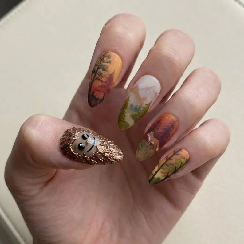 autumn forest, press-on nails, press on nails, custom press on nails, fake nails, Nails Art, stained glass nails, gold press on nails, 3d press on nails, luxury press on nails, handmade press on nails
