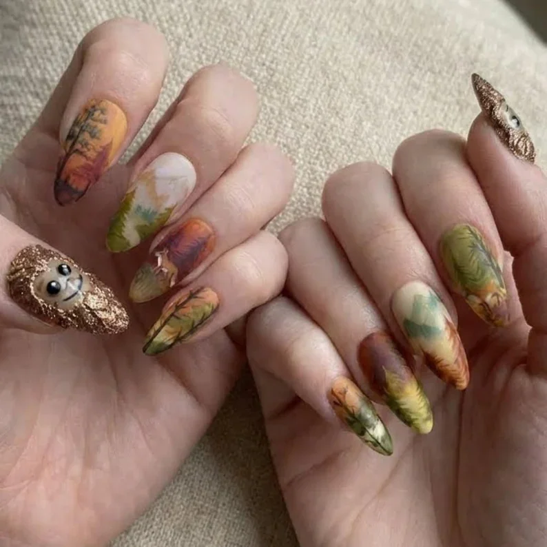 Bigfoot nail art, 3D nail decals, press on nails, custom press on nails, fake nails, Nails Art, stained glass nails, gold press on nails, 3d press on nails, luxury press on nails, handmade press on nails