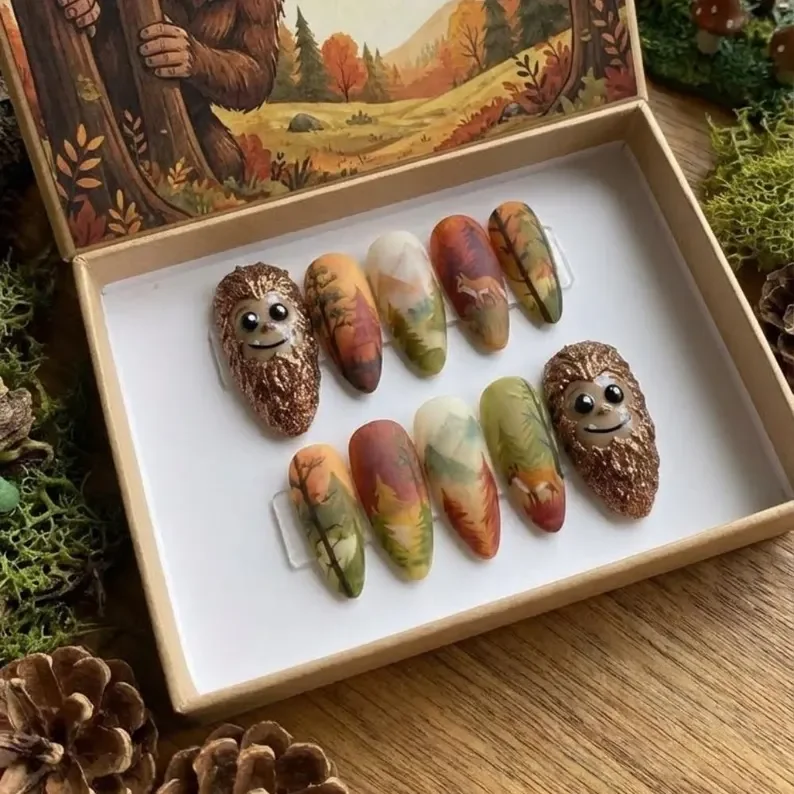 autumn forest, press-on nails, press on nails, custom press on nails, fake nails, Nails Art, stained glass nails, gold press on nails, 3d press on nails, luxury press on nails, handmade press on nails