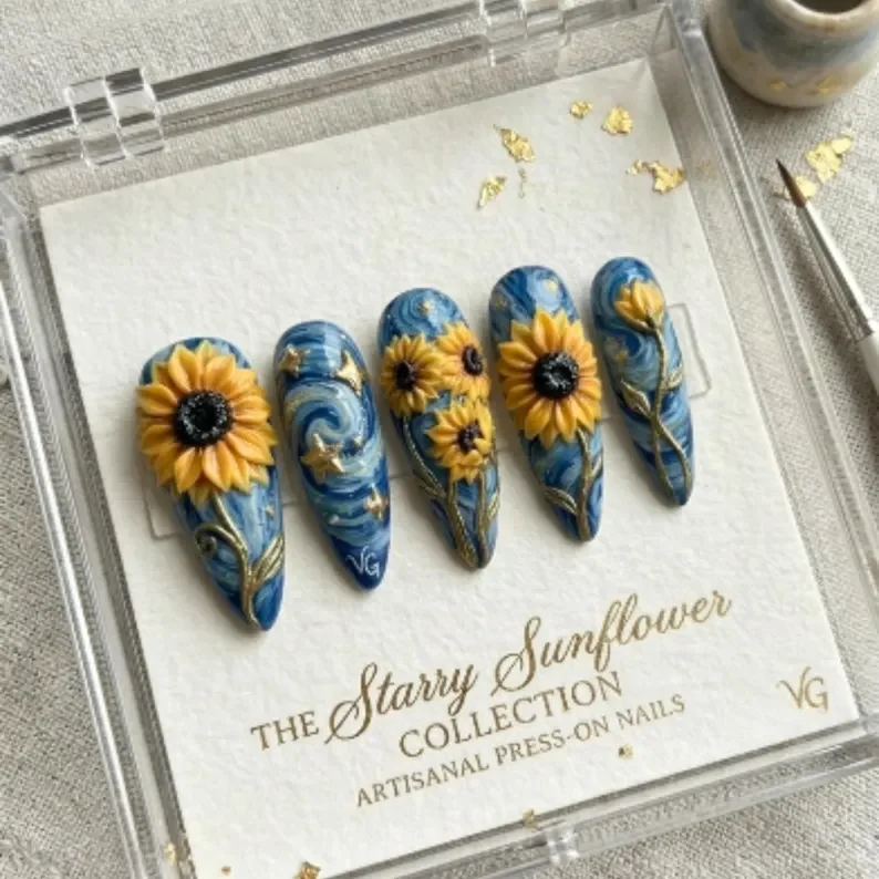 sunflower nails, starry sunflower, press on nails, custom press on nails, fake nails, Nails Art, stained glass nails, gold press on nails, 3d press on nails, luxury press on nails, handmade press on nails