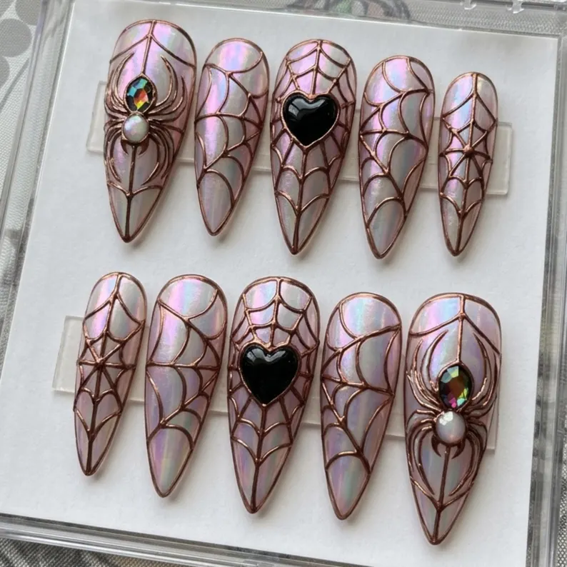 3D rose gold, spider web goth, press on nails, custom press on nails, fake nails, Nails Art, stained glass nails, gold press on nails, 3d press on nails, luxury press on nails, handmade press on nails