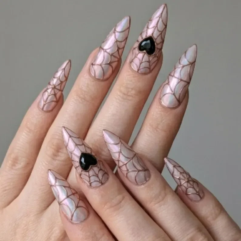 3D rose gold, spider web goth, press on nails, custom press on nails, fake nails, Nails Art, stained glass nails, gold press on nails, 3d press on nails, luxury press on nails, handmade press on nails