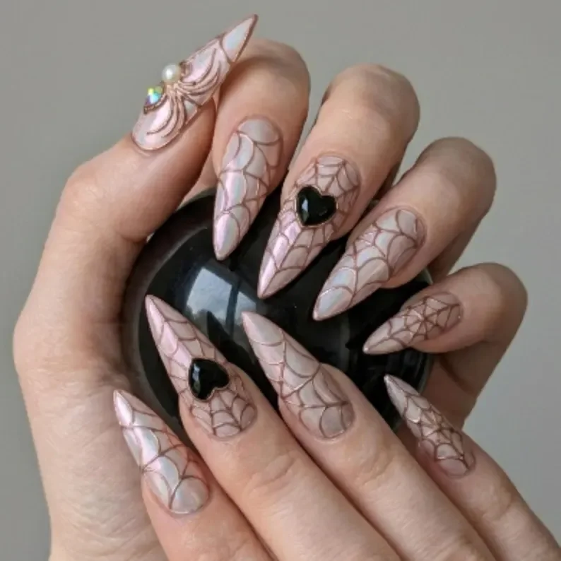 goth art nails, weaver’s heart, press on nails, custom press on nails, fake nails, Nails Art, stained glass nails, gold press on nails, 3d press on nails, luxury press on nails, handmade press on nails