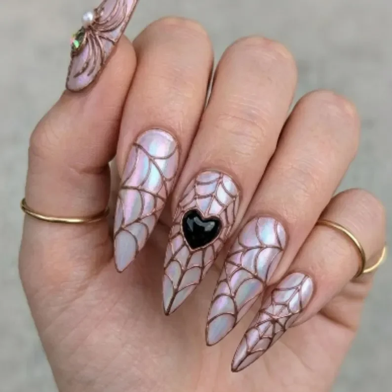 rose gold nails, 3D spider web, press on nails, custom press on nails, fake nails, Nails Art, stained glass nails, gold press on nails, 3d press on nails, luxury press on nails, handmade press on nails