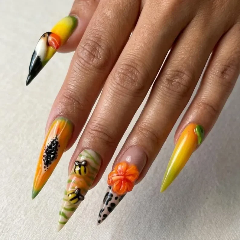 tropical jungle nails, press on nails, custom press on nails, fake nails, Nails Art, stained glass nails, gold press on nails, 3d press on nails, luxury press on nails, handmade press on nails