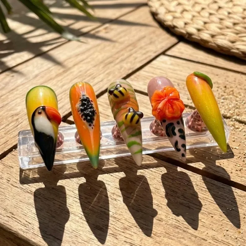 tropical jungle nails, press on nails, custom press on nails, fake nails, Nails Art, stained glass nails, gold press on nails, 3d press on nails, luxury press on nails, handmade press on nails