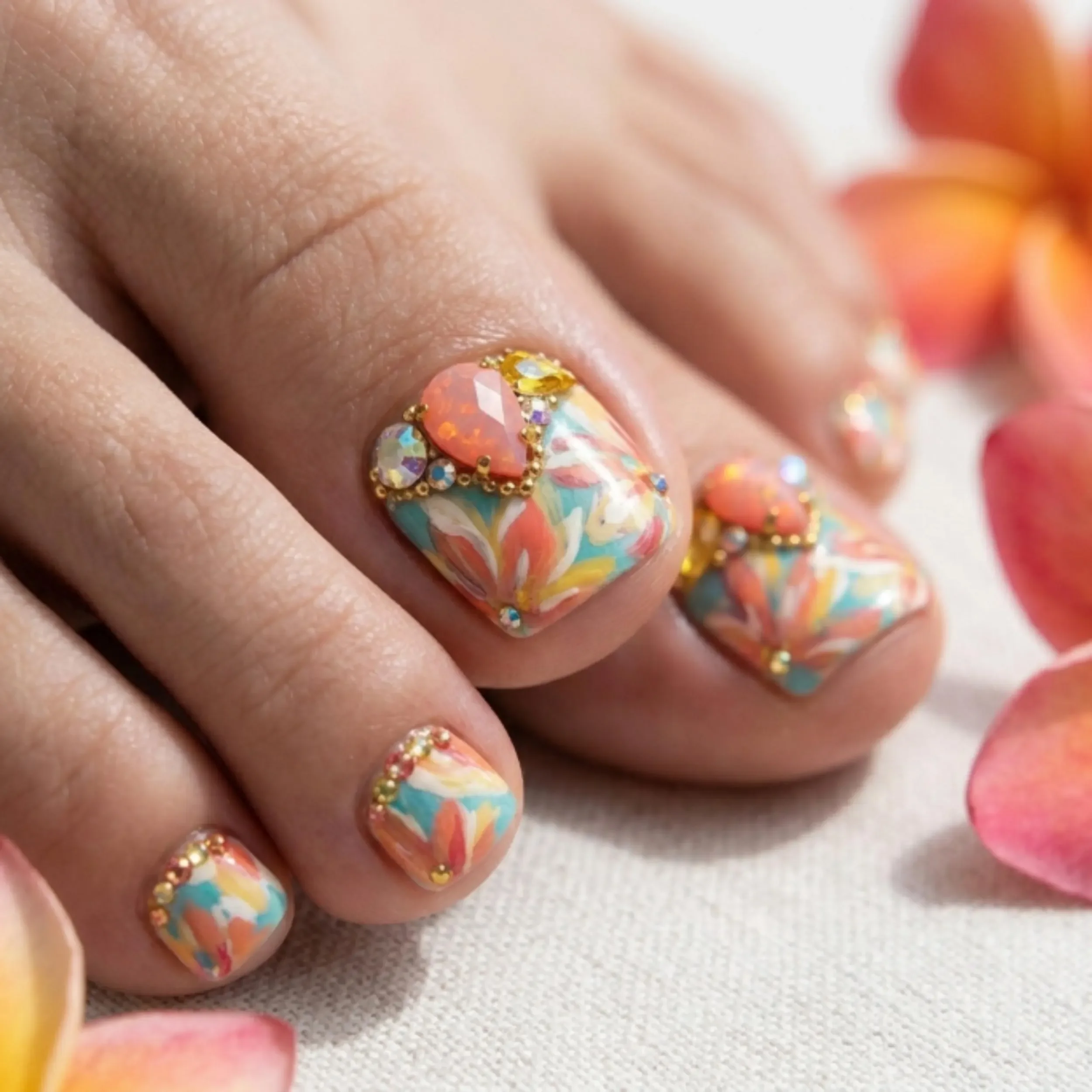 gemmed press ons, watercolor floral, press on nails, custom press on nails, fake nails, Nails Art, stained glass nails, gold press on nails, 3d press on nails, luxury press on nails, handmade press on nails
