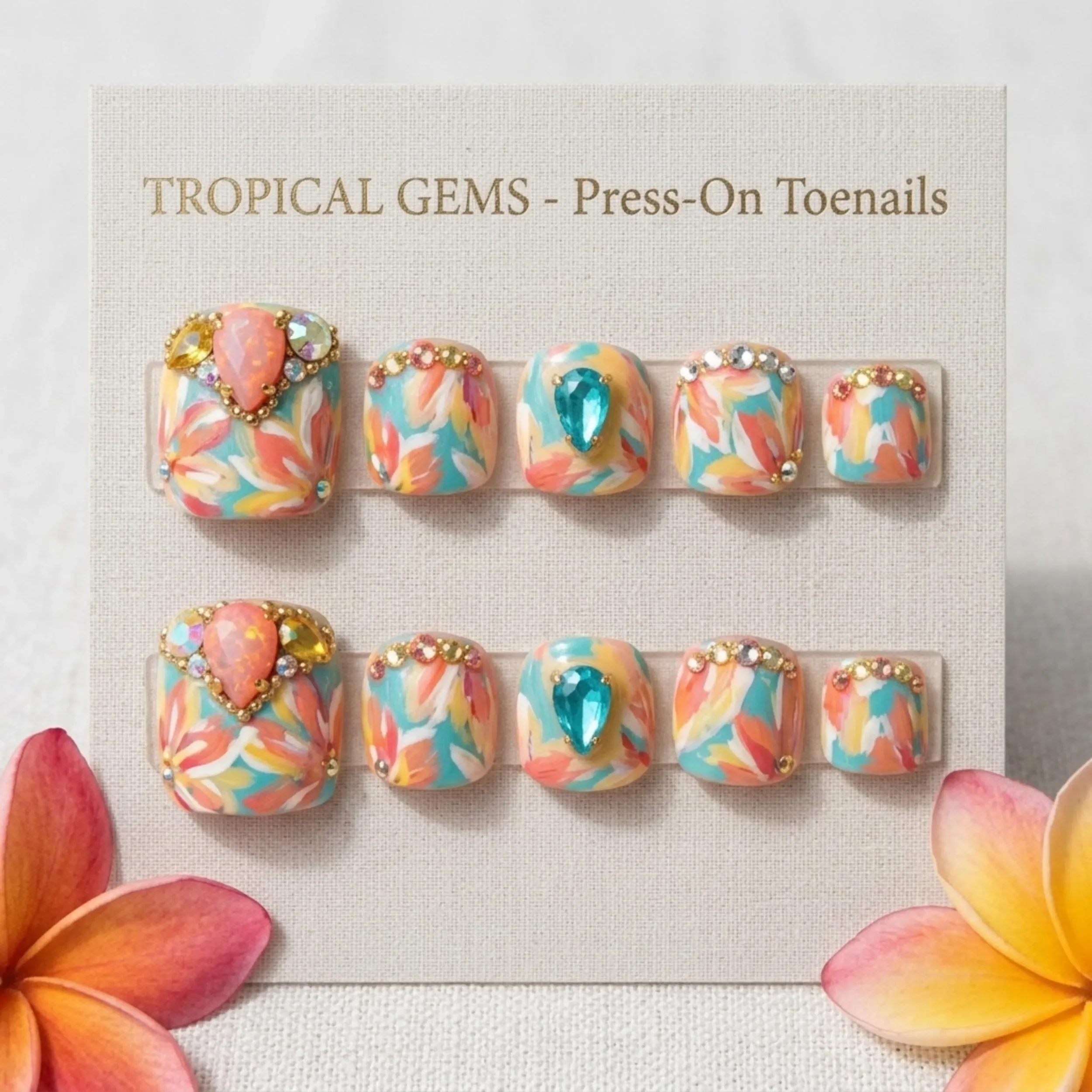 tropical oasis, hand-painted toes, press on nails, custom press on nails, fake nails, Nails Art, stained glass nails, gold press on nails, 3d press on nails, luxury press on nails, handmade press on nails