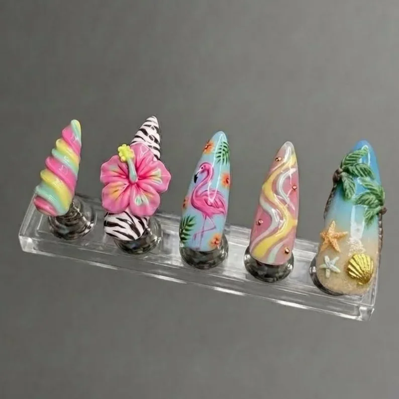 tropical paradise, 3D press-on nails, press on nails, custom press on nails, fake nails, Nails Art, stained glass nails, gold press on nails, 3d press on nails, luxury press on nails, handmade press on nails