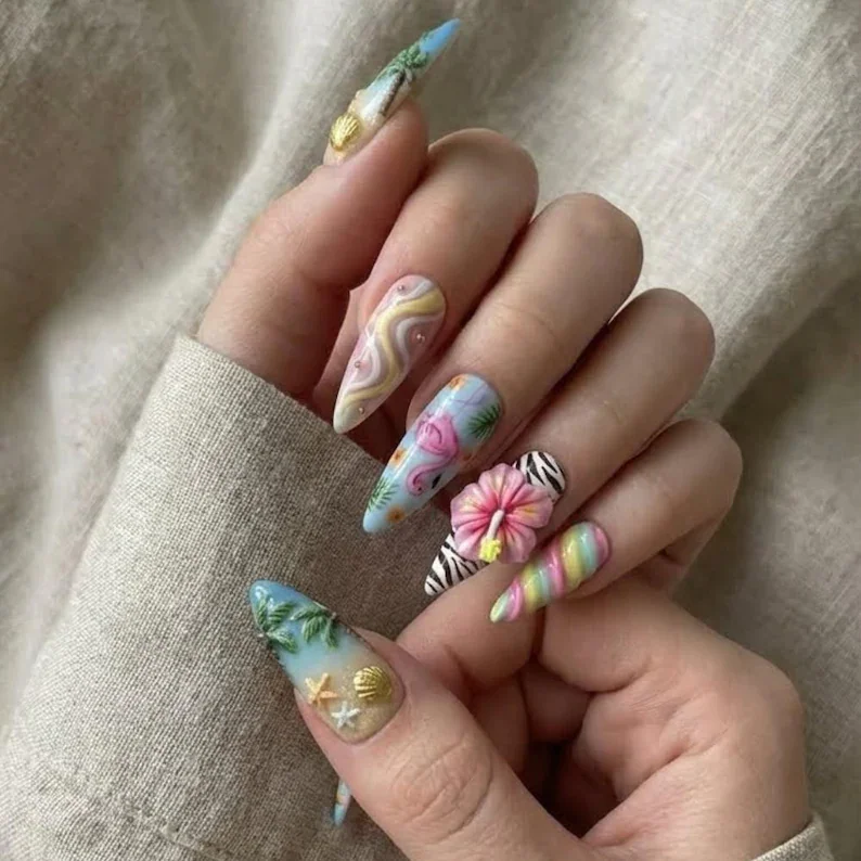 flamingo nail art, hibiscus nail art, press on nails, custom press on nails, fake nails, Nails Art, stained glass nails, gold press on nails, 3d press on nails, luxury press on nails, handmade press on nails