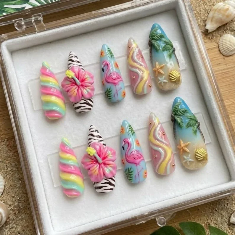 summer beach nails, tropical summer, press on nails, custom press on nails, fake nails, Nails Art, stained glass nails, gold press on nails, 3d press on nails, luxury press on nails, handmade press on nails