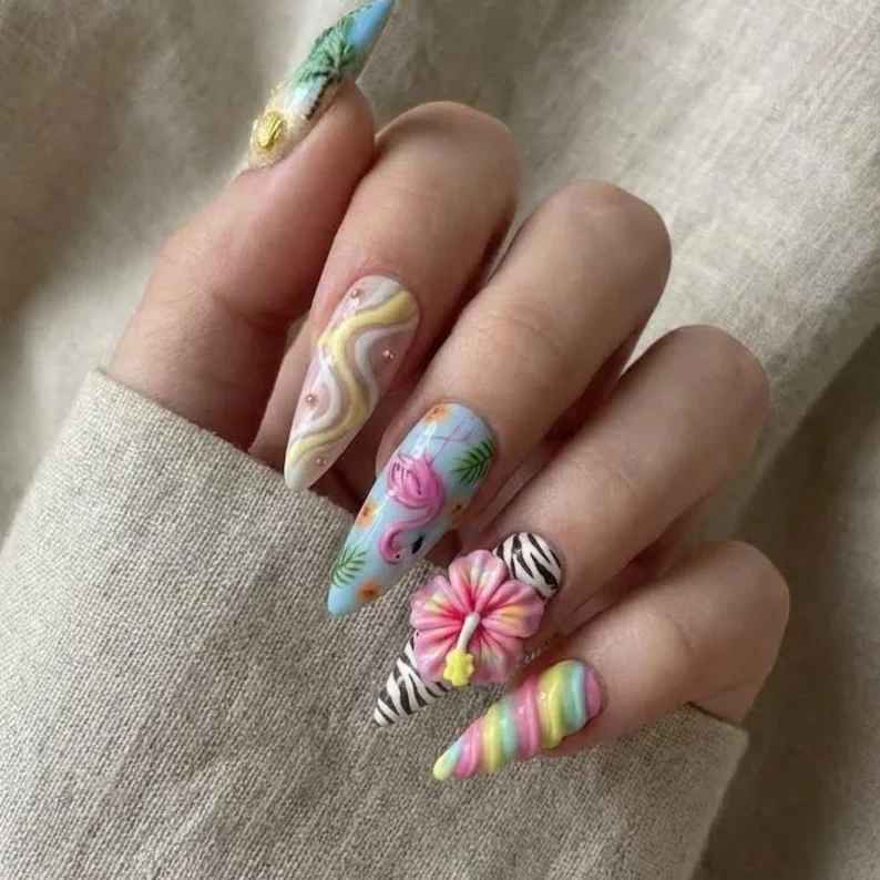 flamingo hibiscus, press-on nail set, press on nails, custom press on nails, fake nails, Nails Art, stained glass nails, gold press on nails, 3d press on nails, luxury press on nails, handmade press on nails