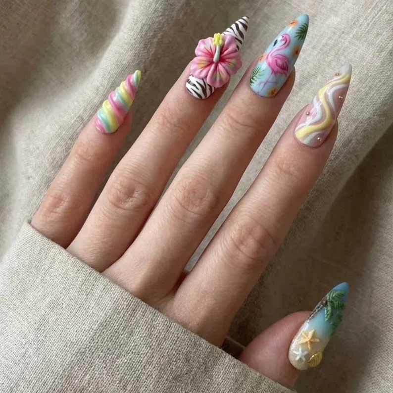 tropical paradise, 3D press-on nails, press on nails, custom press on nails, fake nails, Nails Art, stained glass nails, gold press on nails, 3d press on nails, luxury press on nails, handmade press on nails