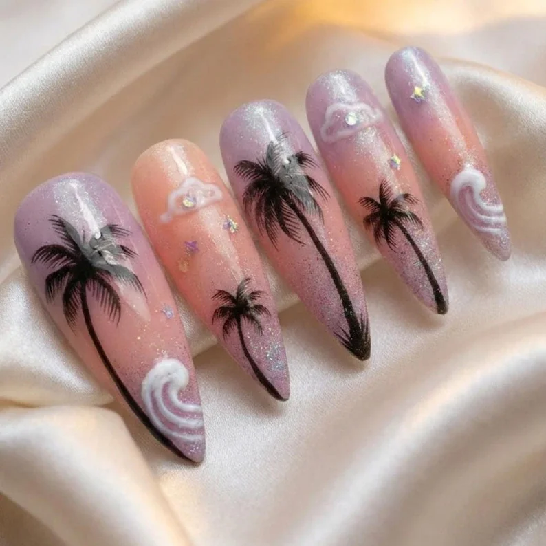 tropical sunset nails, press on nails, custom press on nails, fake nails, Nails Art, stained glass nails, gold press on nails, 3d press on nails, luxury press on nails, handmade press on nails