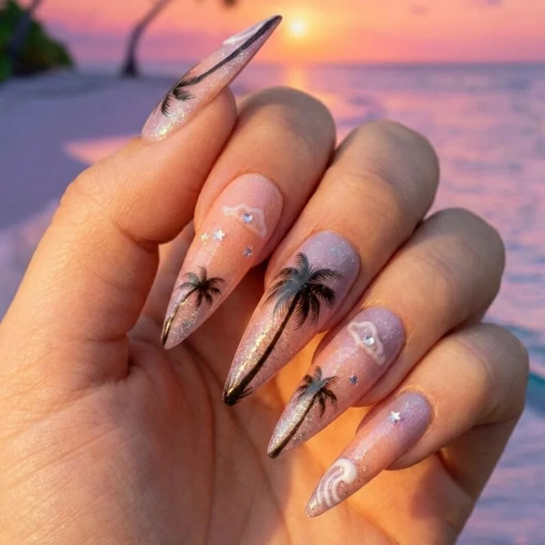 3D palm tree, glitter gel nails, press on nails, custom press on nails, fake nails, Nails Art, stained glass nails, gold press on nails, 3d press on nails, luxury press on nails, handmade press on nails