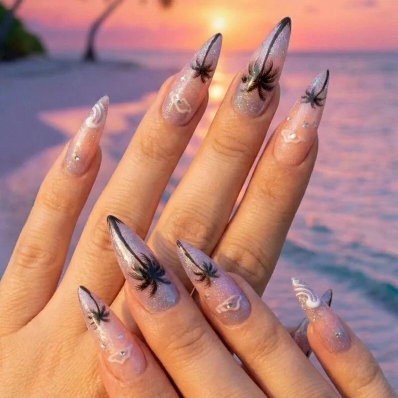 palm tree design, tropical nails, press on nails, custom press on nails, fake nails, Nails Art, stained glass nails, gold press on nails, 3d press on nails, luxury press on nails, handmade press on nails