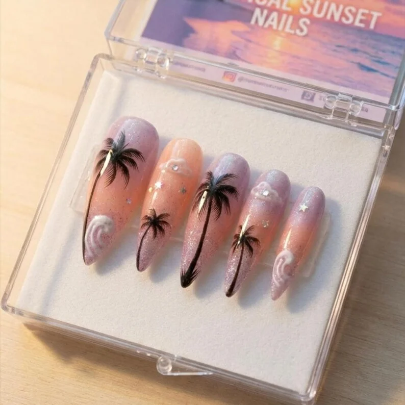 tropical sunset nails, press on nails, custom press on nails, fake nails, Nails Art, stained glass nails, gold press on nails, 3d press on nails, luxury press on nails, handmade press on nails