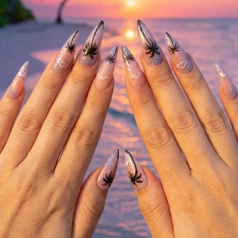 3D palm tree, glitter gel nails, press on nails, custom press on nails, fake nails, Nails Art, stained glass nails, gold press on nails, 3d press on nails, luxury press on nails, handmade press on nails