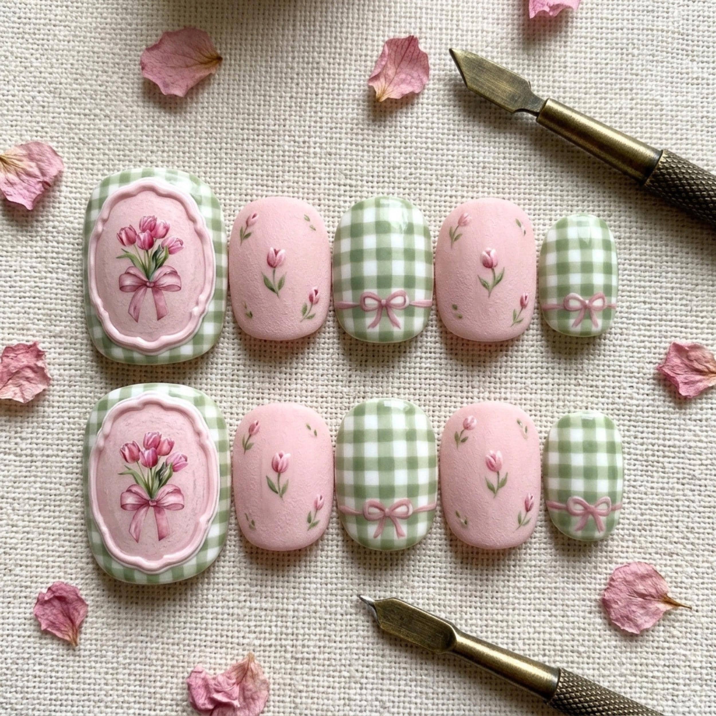 press on toes, sage green gingham, press on nails, custom press on nails, fake nails, Nails Art, stained glass nails, gold press on nails, 3d press on nails, luxury press on nails, handmade press on nails