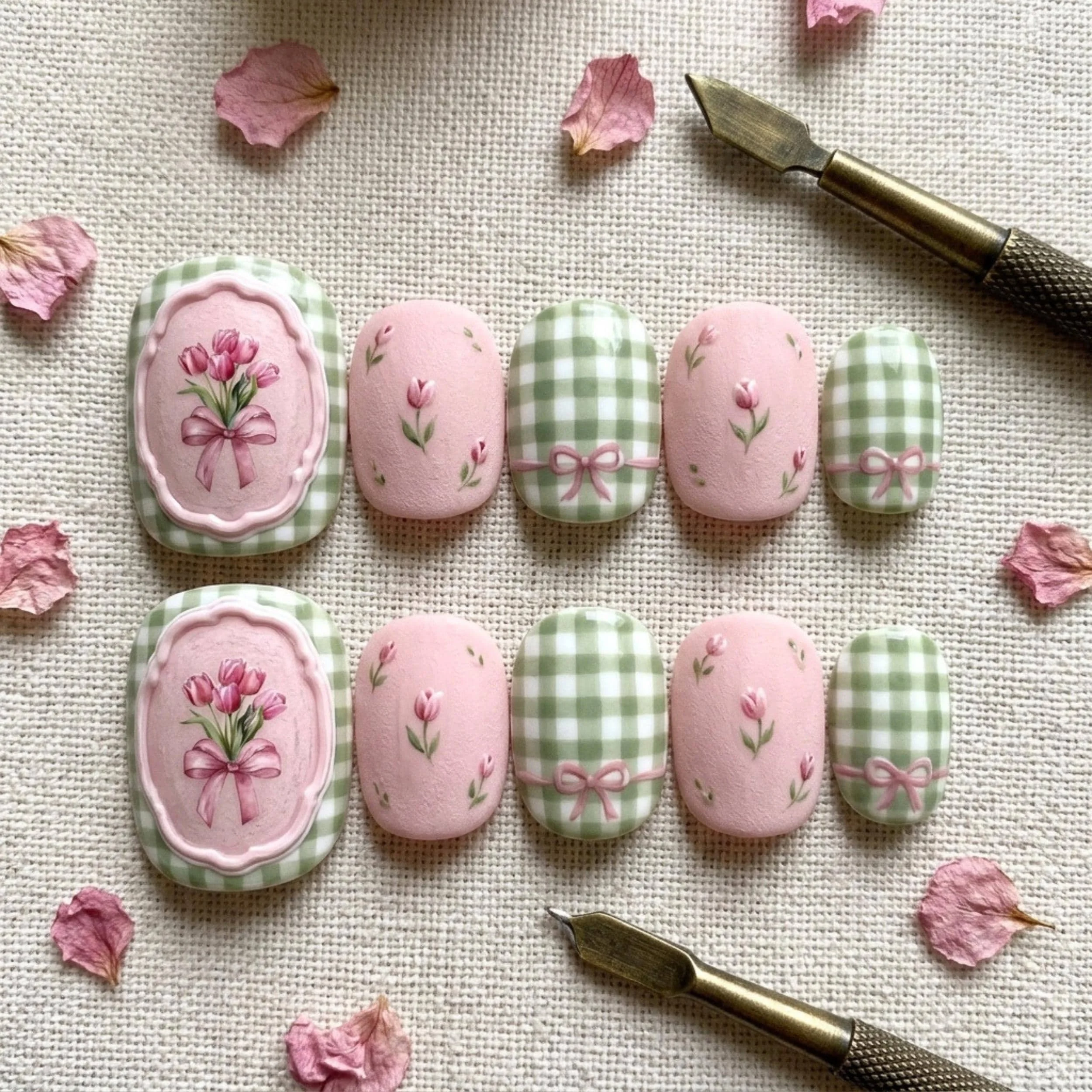 tulip romance, 3D hand-painted, press on nails, custom press on nails, fake nails, Nails Art, stained glass nails, gold press on nails, 3d press on nails, luxury press on nails, handmade press on nails