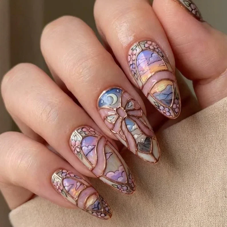 twilight bow, sakura blossom, press on nails, custom press on nails, fake nails, Nails Art, stained glass nails, gold press on nails, 3d press on nails, luxury press on nails, handmade press on nails