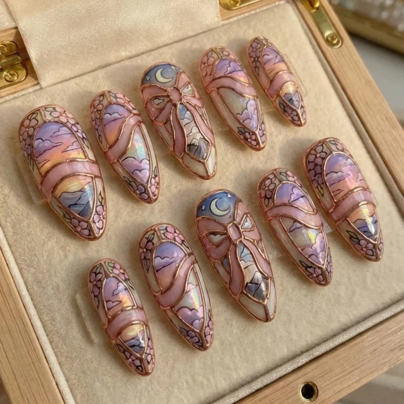 3D rose gold, moon art, press on nails, custom press on nails, fake nails, Nails Art, stained glass nails, gold press on nails, 3d press on nails, luxury press on nails, handmade press on nails
