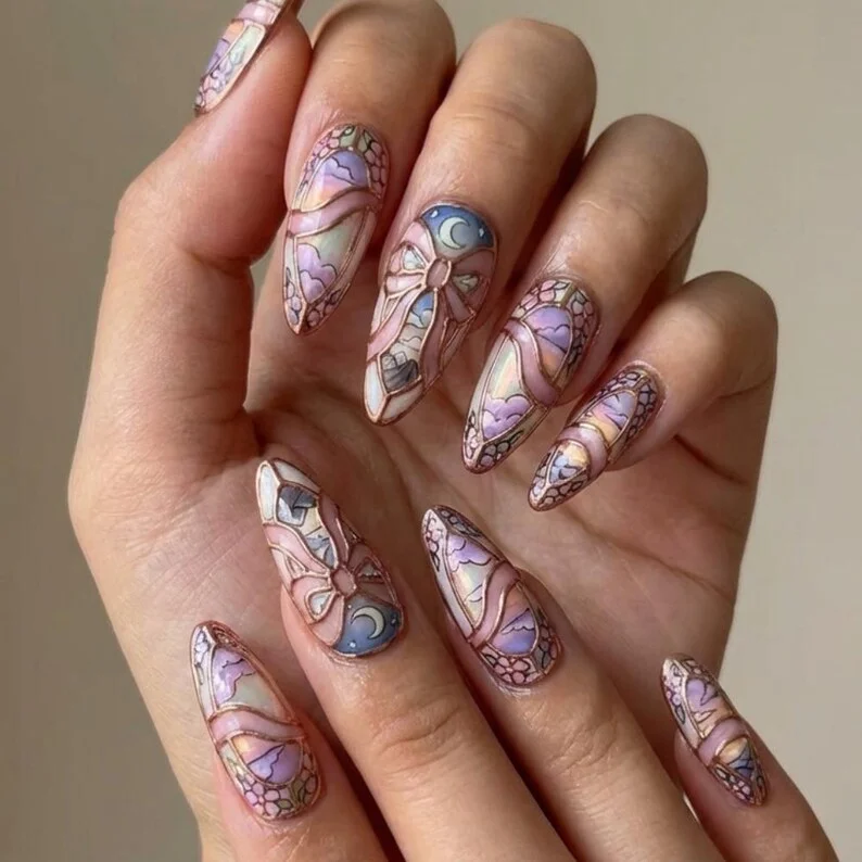 rose gold nails, stained glass design, press on nails, custom press on nails, fake nails, Nails Art, stained glass nails, gold press on nails, 3d press on nails, luxury press on nails, handmade press on nails