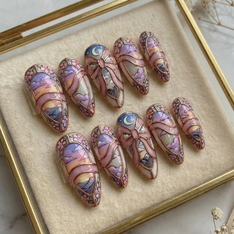 twilight bow, sakura blossom, press on nails, custom press on nails, fake nails, Nails Art, stained glass nails, gold press on nails, 3d press on nails, luxury press on nails, handmade press on nails