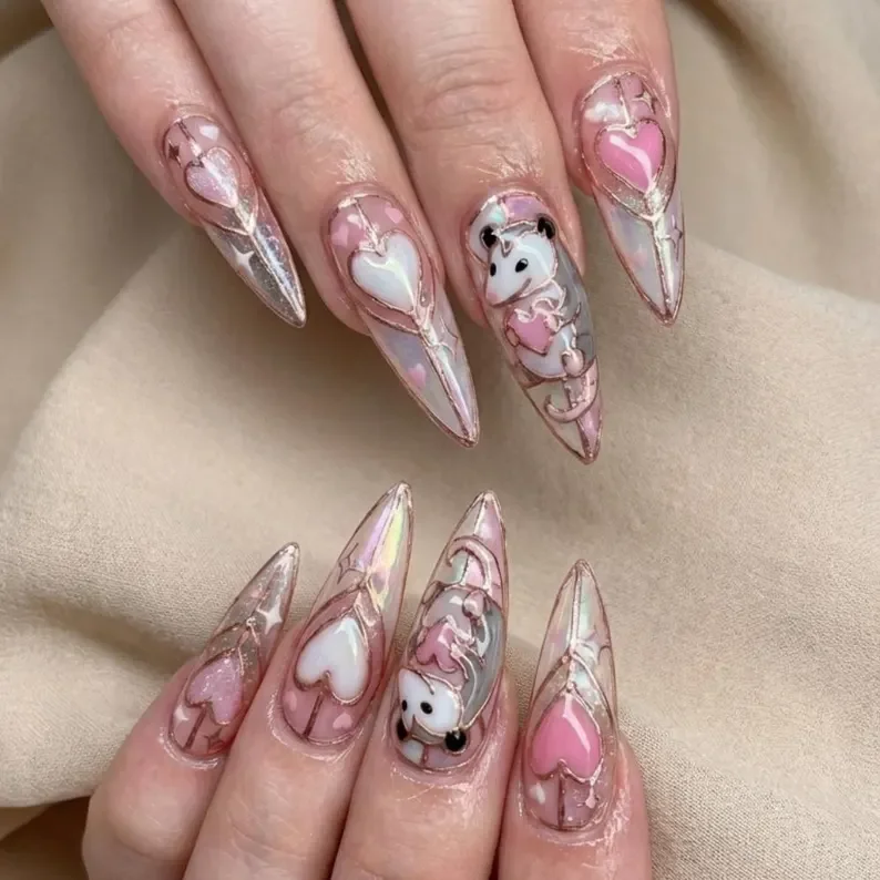 Valentine’s press on nails, Opossum stained glass, press on nails, custom press on nails, fake nails, Nails Art, stained glass nails, gold press on nails, 3d press on nails, luxury press on nails, handmade press on nails