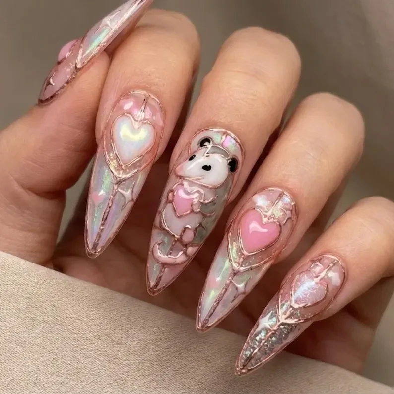Valentine’s nail art, Opossum themed nails, press on nails, custom press on nails, fake nails, Nails Art, stained glass nails, gold press on nails, 3d press on nails, luxury press on nails, handmade press on nails