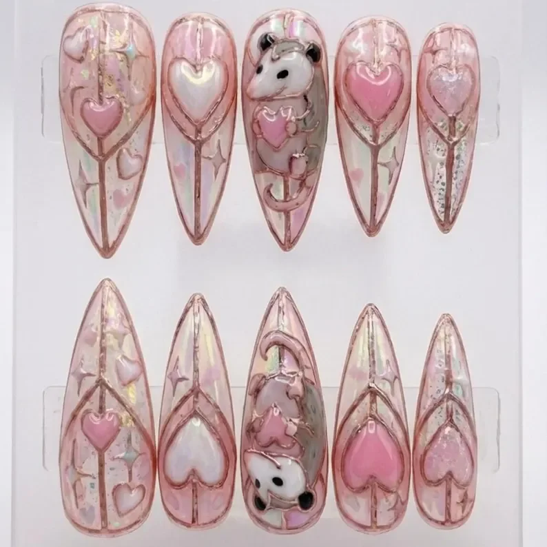 Valentine’s press on nails, Opossum stained glass, press on nails, custom press on nails, fake nails, Nails Art, stained glass nails, gold press on nails, 3d press on nails, luxury press on nails, handmade press on nails