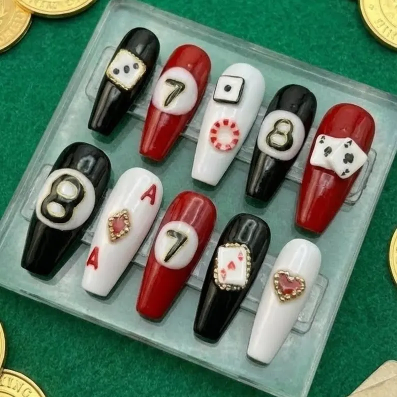 poker nails, dice design, press on nails, custom press on nails, fake nails, Nails Art, stained glass nails, gold press on nails, 3d press on nails, luxury press on nails, handmade press on nails