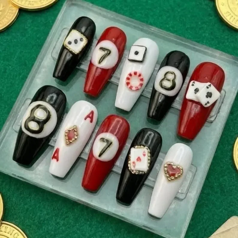 Vegas casino, press on nails, custom press on nails, fake nails, Nails Art, stained glass nails, gold press on nails, 3d press on nails, luxury press on nails, handmade press on nails